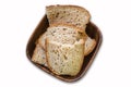 Sour yeast bread slices in the basket on white background