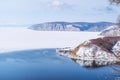 source of the Angara River in the village of Listvyanka. Lake Baikal spring, the time of melting ice.