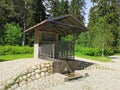 The source of the narcissus from the lion`s mouth in the rocky natural park of Monrepos in the city of Vyborg on a clear summer