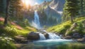 source of pure spring water from mountain peaks, sunny early morning, pure spring water, beautiful landscape with mountains, Royalty Free Stock Photo