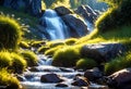 source of pure spring water from mountain peaks, sunny early morning, pure spring water, beautiful landscape with mountains,