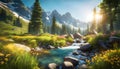 source of pure spring water from mountain peaks, sunny early morning, pure spring water, beautiful landscape with mountains, Royalty Free Stock Photo