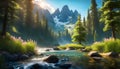 source of pure spring water from mountain peaks, sunny early morning, pure spring water, beautiful landscape with mountains, Royalty Free Stock Photo