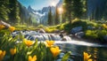 source of pure spring water from mountain peaks, sunny early morning, pure spring water, beautiful landscape with mountains, Royalty Free Stock Photo