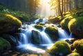 source of pure spring water from mountain peaks, sunny early morning, pure spring water, beautiful landscape with mountains, Royalty Free Stock Photo