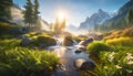 source of pure spring water from mountain peaks, sunny early morning, pure spring water, beautiful landscape with mountains, Royalty Free Stock Photo