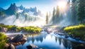 source of pure spring water from mountain peaks, sunny early morning, pure spring water, beautiful landscape with mountains, Royalty Free Stock Photo