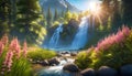 source of pure spring water from mountain peaks, sunny early morning, pure spring water, beautiful landscape with mountains, Royalty Free Stock Photo