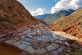 Source of Salinas de Maras is located along the slopes of Qaqawinay mountain, at an elevation of 3,380 m in the Urumbamba Valley, Royalty Free Stock Photo