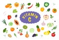 Source of vitamin C. Set of icons of vegetables, fruits and herbs. set of vegetarian food items. Healthy lifestyle Royalty Free Stock Photo