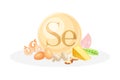 Sources of Selenium mineral. Egg, shrimp, mushroom, cheese, peas healthy nutrition food. Mineral vitamin supplement