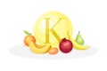 Sources of vitamin K. Apple, pear, watermelon, pomegranate, egg healthy nutrition food. Mineral vitamin supplement