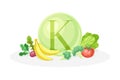 Sources of vitamin K. Banana, radish, broccoli, tomato, healthy nutrition food. Mineral vitamin supplement vector