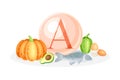 Sources of vitamin A. Pumpkin, fish, pepper, avocado, egg healthy nutrition food. Mineral vitamin supplement vector