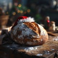 A sourdough bread with a Santa hat during Christmas time