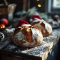 A sourdough bread with a Santa hat during Christmas time