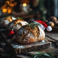 A sourdough bread with a Santa hat during Christmas time