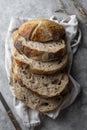 Sourdough bread slices, homemade healthy bread, top view.