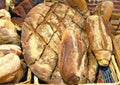 Sourdough breads in wicker basket.