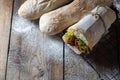 Sourdough homemade bread. Italian ciabatta panini sandwich with chicken and tomato Royalty Free Stock Photo