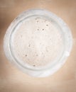 Sourdough natural yeast in large glass jar (top view)