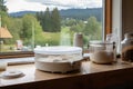 sourdough starter, being fed and nurtured in kitchen, with view of rolling hills