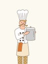 Sous chef flat vector illustration. Professional male cook in white uniform and hat holding saucepan cartoon character