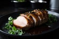 sous-vide pork roast, cooked to medium and served with succulent juices Royalty Free Stock Photo