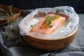 sous-vide salmon fillet, wrapped in cheesecloth and slow-cooked in warm bath