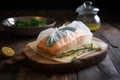 sous-vide salmon fillet, wrapped in cheesecloth and slow-cooked in warm bath