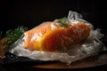 sous-vide salmon fillet, wrapped in cheesecloth and slow-cooked in warm bath