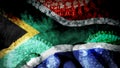 South Africa flag infected with coronavirus, with hands on a teenager`s forehead, despair and fear of contagion