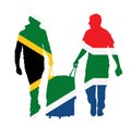 South Africa flag over passenger man with rolling suitcase walking to airport vector isolated. Traveler boys carry baggage.