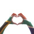 South Africa flag on woman hands in heart shape isolated on white background for national unity, union, love and reconciliation