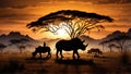 South africa of Silhouette African night safari scene with wildlife animals on the panorama rhino nature Royalty Free Stock Photo