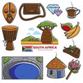 South Africa travel tourism landmarks and African famous tourist attractions vector icons Royalty Free Stock Photo