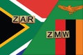 South Africa and Zambia currencies codes on national flags background