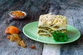 South African bobotie dish layered with pancakes