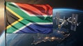 South african flag with space station and earth in the background view image Royalty Free Stock Photo