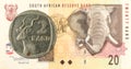 2 south african rand coin against 20 south african rand