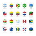 South America and Caribbean Flag Icons. Hexagon Flat Design.