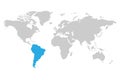 South America continent blue marked in grey silhouette of World map. Simple flat vector illustration Royalty Free Stock Photo