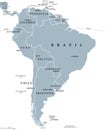 South America, continent, gray political map with borders and capitals
