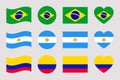 South America countries flags. vector illustration. Brazil, Argentina, Colombia official flag. The Latin American states