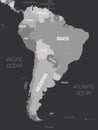 South America map - grey colored on dark background. High detailed political map South American continent with country