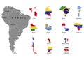 South America. Territories of countries on South America continent. Separate countries with flags. List of countries in South Amer