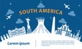 South america top famous landmark silhouette style on white curve,trip and tourism