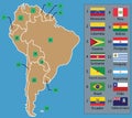 South American Map and South American countries flags with names Royalty Free Stock Photo