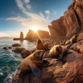 South American Sea lions relaxing on rocks of Ballestas Islands in Paracas National