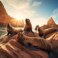 South American Sea lions relaxing on rocks of Ballestas Islands in Paracas National